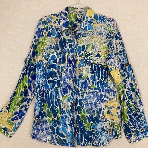 Alberto Makali Blue Green Abstract Artsy 100% Linen Button Down Large Resort - Picture 1 of 10